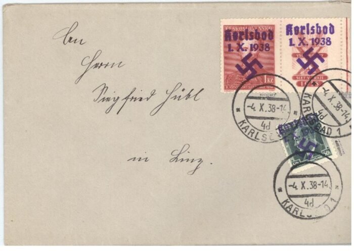 Sudetenland Michel#: U F/VF Sudetenland - Karlsbad cover franked with Mi 58 Zfw and 7 expertized Mahr BPP