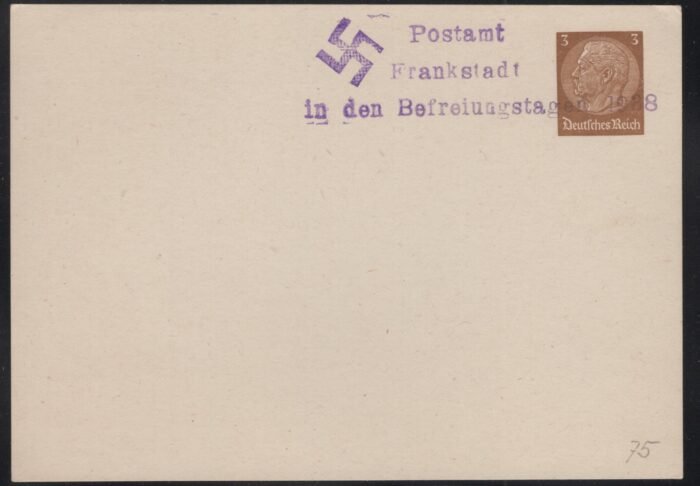 Sudetenland unaddressed post card with tDR MI 513 and provisional "Frankstadt" violet cancel VF