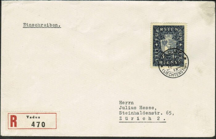 Liechtenstein: Scott#: 158 registered First Day cover to Zurich VF