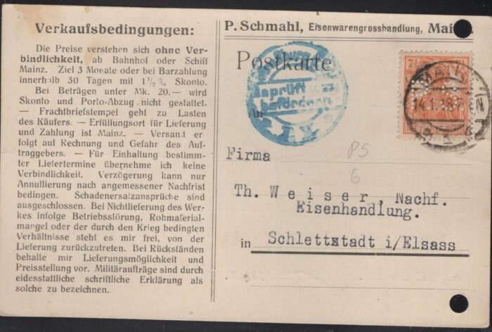 Deutsches Reich MI 99a P Schmald "PS" perfin VF post card