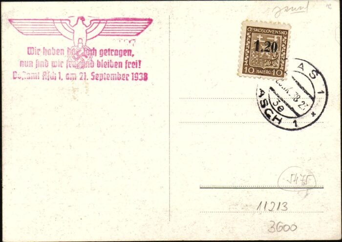 Sudetenland "Asch" MI 4b on unaddressed card