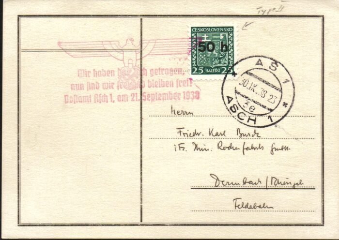 Sudetenland "Asch" MI 1 II on unaddressed card
