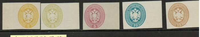Lombardy  Scott#: 15-19 varieties Michel#:14 ND - 18 ND * imperforate proofs no gum VF certificate RRR