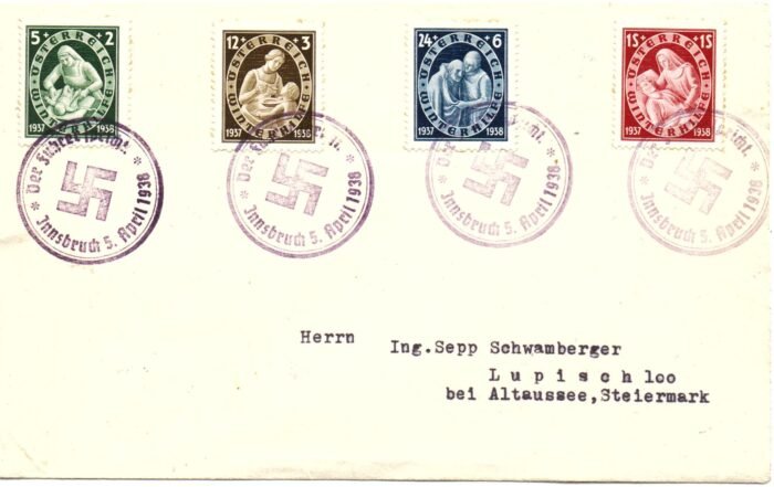 Austria MI 642-5 with Innsbruck "Der Fuhrer Spreicht" 5 April 1938 special cancels in violet VF
