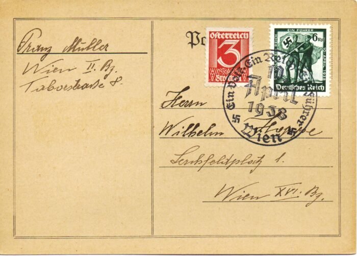 Austria MI 449 and Deutsches Reich 662 post card cancelled Wien 10 April1938 special cancel VF