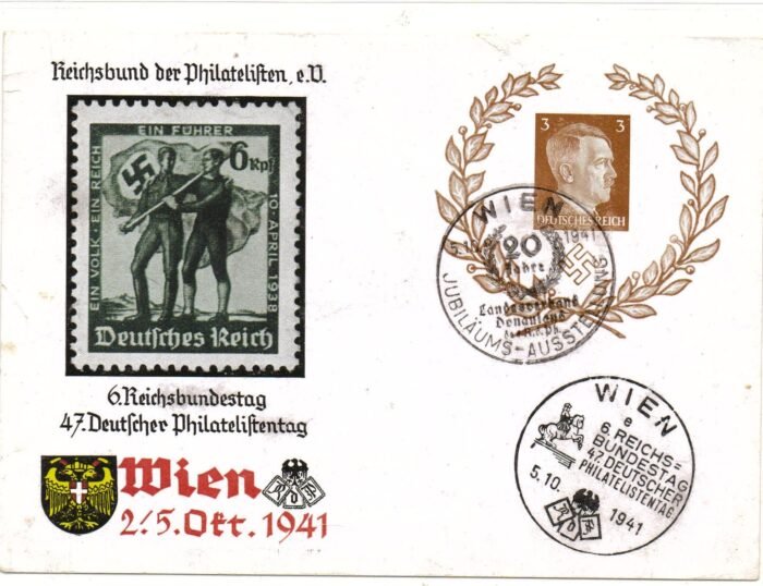Deutsches Reich unaddressed post card with German folks march cachet and Wien philatelic show cachet cancelled 5 10 1941