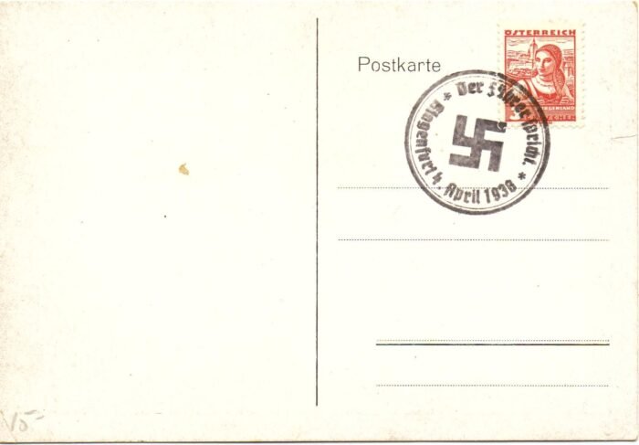 Austria MI 568 on unaddressed Hitler foto card with 4 April 1938 Nazi cancel top right corner nicked Fine