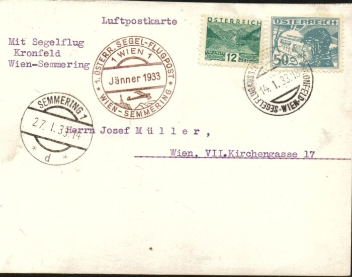 Austria MI 531, 477 on glider post post car wth specia segel cancels VF