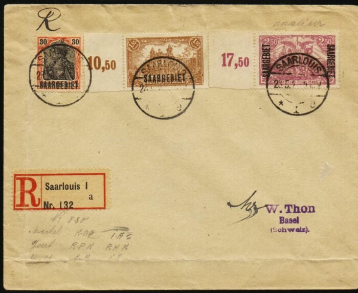 Saar MI 36, 42, 43 registered cover - crease along bottom VG/F