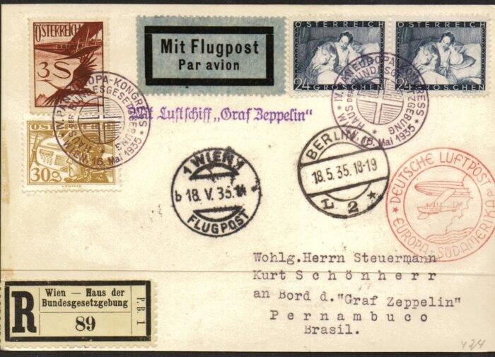 Austria Graf Zeppelin flight cover franked with MI 476, 597(2), 485 18.5.35 South America flight