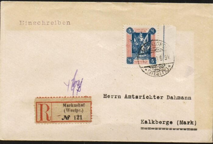 Marienwerder MI 14 on Registered cover Fine - Scarce!