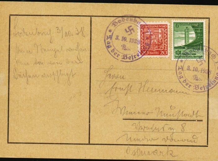 Sudetenland Czech MI 279, Third reich MI 666 "Bodenbach" provisional cancel post card VF