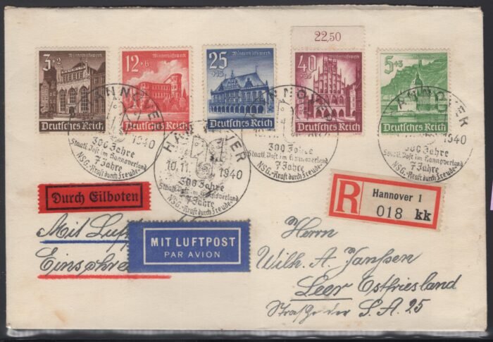 Germany cover Third Reich Michel#:Mi 758-59 plus 3 issues Berlin - Hannover special cancels VF