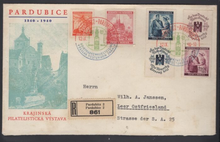 Bohemia registered cover Mi SZd1, SZd8, 38, 30 Pardubitz 12 IX 40 special cancels VF