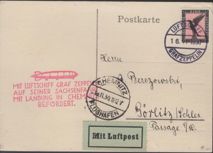 Germany Post Card Graf Zeppelin flight franked with MI 382 16 11 30 to Chemnitz VF
