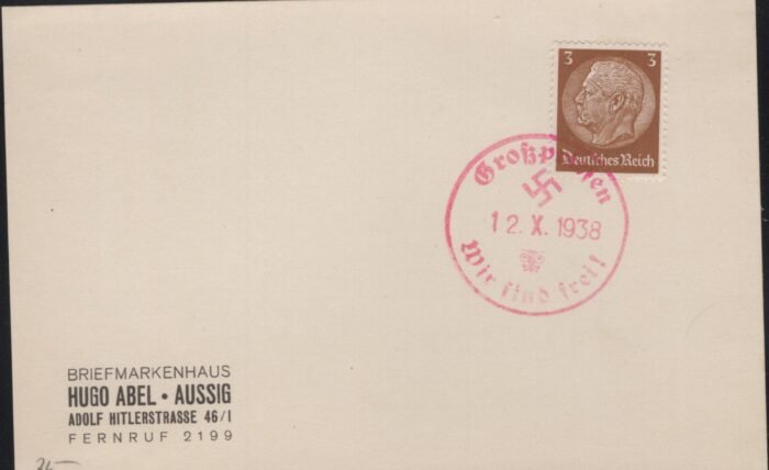Sudetenland unaddressed cover with mixed franking cancelled 11 10 1938 Schonbach VF