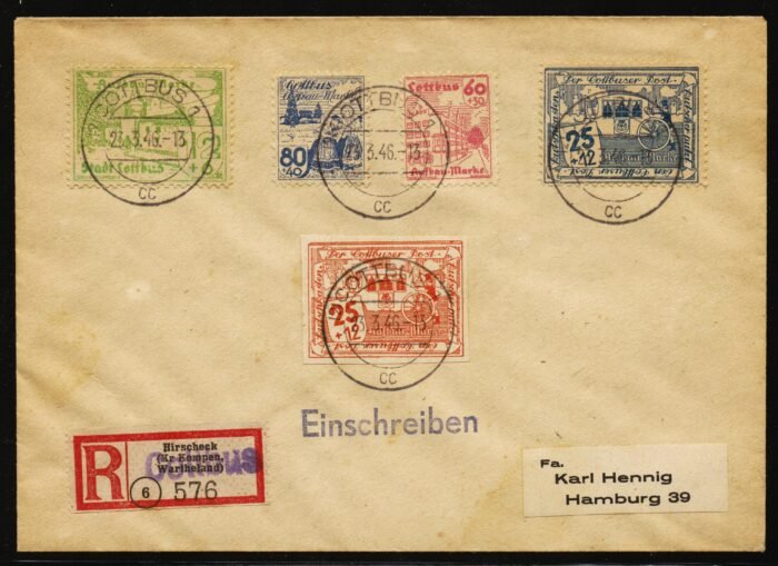 Germany Post WWII Locals Cottbus Michel#: 11w,15-16w, 23,32x on registered cover VG/F