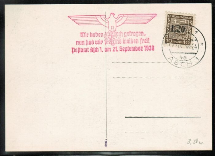 Germany Sudetenland ASCH MI 2 on unaddressed card with NAZI slogan stamp