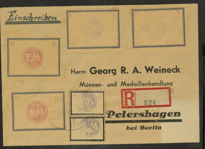Germany Post WWII Locals Fredersdorf Michel#: SP 174-SP177 SP 227(2) on commercial cover F/VF